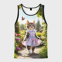 Майка-безрукавка мужская Кошка в летнем платье в саду, цвет: 3D-черный
