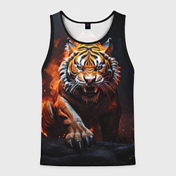 Майка-безрукавка мужская Злой тигр в огне рычит и нападает, цвет: 3D-черный