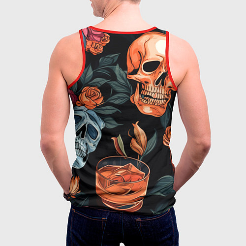 Мужская майка без рукавов Кусты черепов с розами и пионами / 3D-Красный – фото 4
