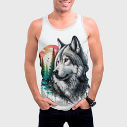 Майка-безрукавка мужская Портрет волка на фоне природы, цвет: 3D-белый — фото 2