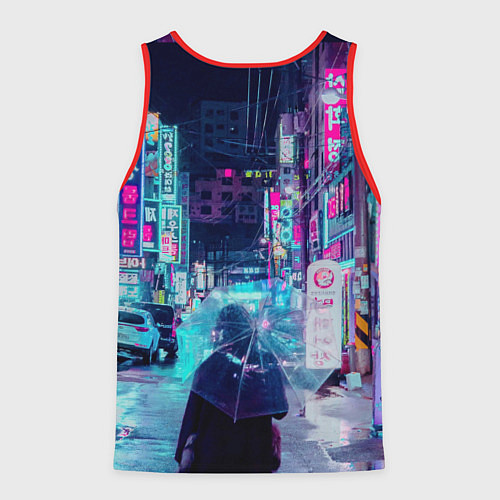 Мужская майка без рукавов Дождливый неоновый вечер в Японии / 3D-Красный – фото 2