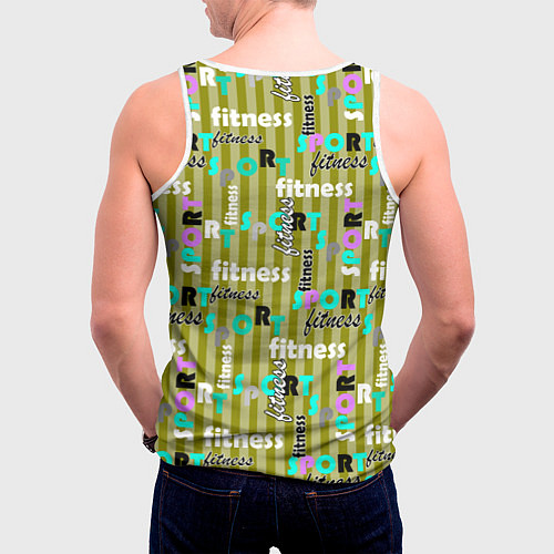 Мужская майка без рукавов Спорт и фитнес оливковый полосатый узор с текстом / 3D-Белый – фото 4