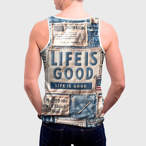 Мужская майка без рукавов Жизнь прекрасна- пэчворк / 3D-Белый – фото 4