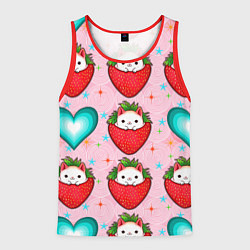 Майка-безрукавка мужская Котик клубничка и сердца узор, цвет: 3D-красный