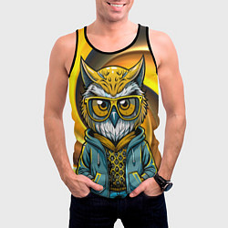 Майка-безрукавка мужская Модная сова и желтый спиральный фон, цвет: 3D-черный — фото 2