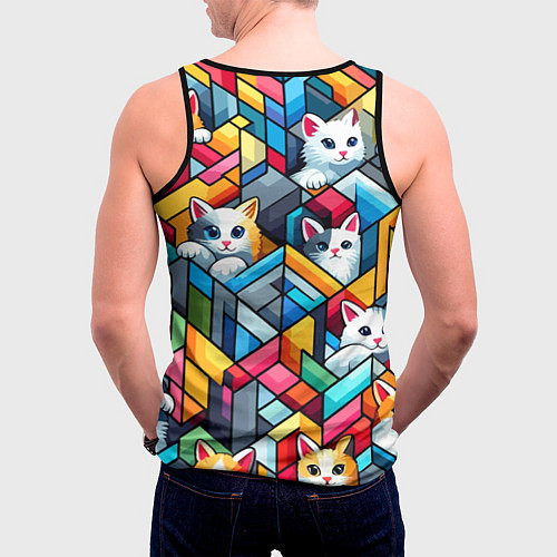 Мужская майка без рукавов Геометрический паттерн с котятами - нейросеть / 3D-Черный – фото 4