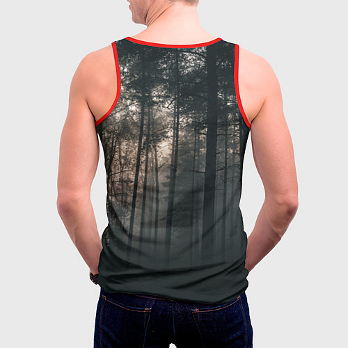 Мужская майка без рукавов Символ волчья лапа и сумрачный лес - лес мой храм / 3D-Красный – фото 4