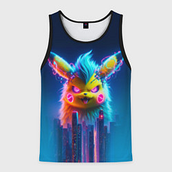 Майка-безрукавка мужская Кибер-Пикачу среди небоскрёбов - нейроарт, цвет: 3D-черный