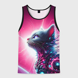 Мужская майка без рукавов Космический кибер котёнок - неоновое свечение
