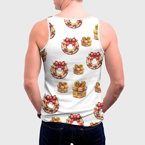 Мужская майка без рукавов Много новогодних пончиков и подарков с бантиком и / 3D-Белый – фото 4