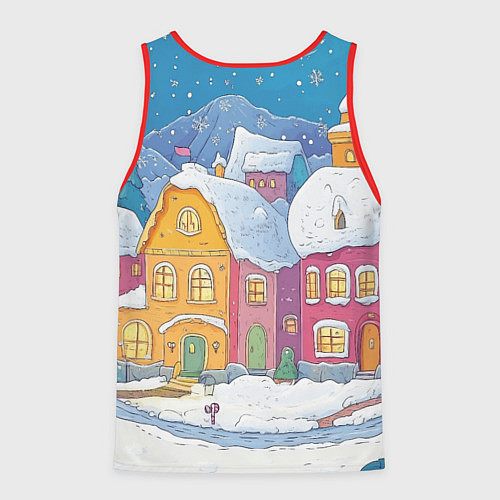 Мужская майка без рукавов Заснеженный рисованный городок / 3D-Красный – фото 2