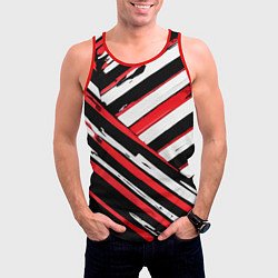 Майка-безрукавка мужская Красно-белые диагональные полосы на чёрном фоне, цвет: 3D-красный — фото 2