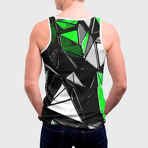 Мужская майка без рукавов Зелёно-белые рельефные треугольники на чёрном фоне / 3D-Белый – фото 4