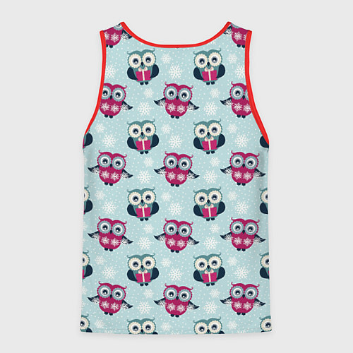 Мужская майка без рукавов Новогодний паттерн с милыми совами и снежинками / 3D-Красный – фото 2