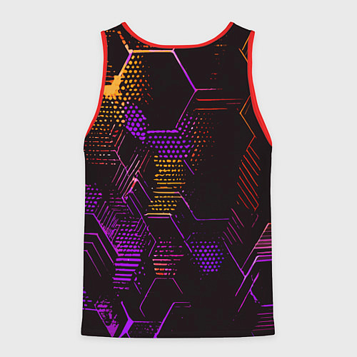Мужская майка без рукавов Жёлто-фиолетовые точки и линии на чёрном фоне / 3D-Красный – фото 2