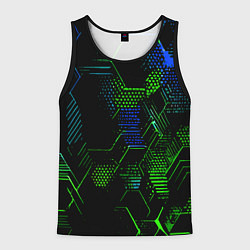 Майка-безрукавка мужская Сине-зелёные точки и линии на чёрном фоне, цвет: 3D-черный