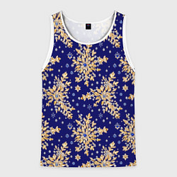 Майка-безрукавка мужская Золотые снежинки на синем шелке, цвет: 3D-белый