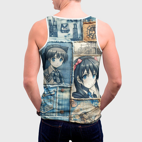 Мужская майка без рукавов Пэчворк деним и аниме / 3D-Белый – фото 4