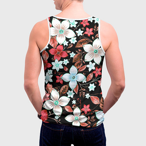Мужская майка без рукавов Красно-белые цветы на чёрном фоне / 3D-Белый – фото 4