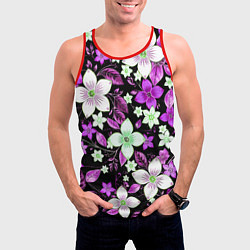 Майка-безрукавка мужская Фиолетово-белые цветы на чёрном фоне, цвет: 3D-красный — фото 2