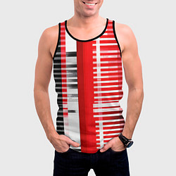 Майка-безрукавка мужская Белые полосы на чёрно-красном фоне, цвет: 3D-черный — фото 2