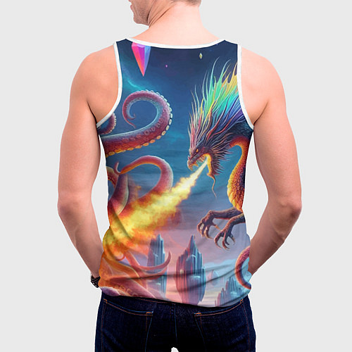 Мужская майка без рукавов Огнедышащий дракон против осьминога - нейроарт фан / 3D-Белый – фото 4