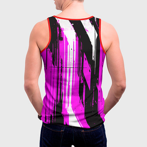 Мужская майка без рукавов Вертикальные чёрно-белые линии на розовом фоне / 3D-Красный – фото 4