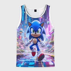 Майка-безрукавка мужская Sonic в неоновом городе, цвет: 3D-белый