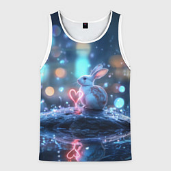 Майка-безрукавка мужская Заяц с неоновым сердцем 14 февраля, цвет: 3D-белый