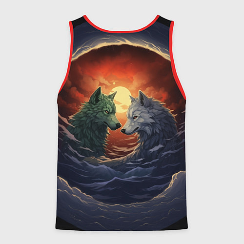 Мужская майка без рукавов Волк и волчица в море под луной / 3D-Красный – фото 2