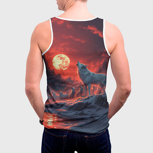 Мужская майка без рукавов Белый волк воет на луну / 3D-Белый – фото 4
