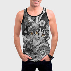Майка-безрукавка мужская С котами и рыбой на фоне сакуры в волнах, цвет: 3D-черный — фото 2