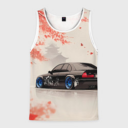 Майка-безрукавка мужская Черная БМВ и сакура, цвет: 3D-белый