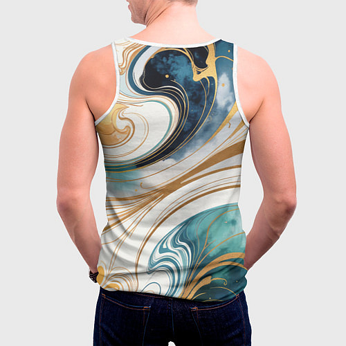Мужская майка без рукавов Аквамарин и оранж узор с завитками / 3D-Белый – фото 4