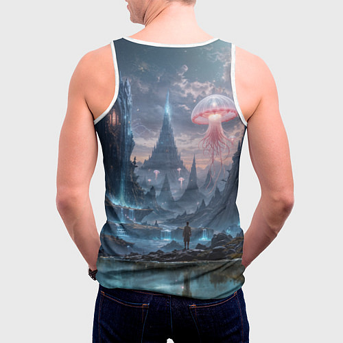 Мужская майка без рукавов Фантастический мир с медузами и озеро у гор / 3D-Белый – фото 4