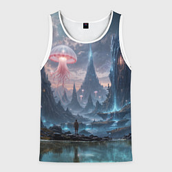 Майка-безрукавка мужская Фантастический мир с медузами и озеро у гор, цвет: 3D-белый