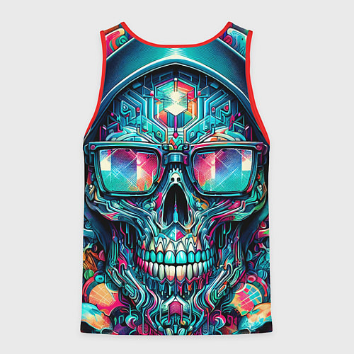 Мужская майка без рукавов Кибер череп в балахоне и очках - нейроарт фантазия / 3D-Красный – фото 2