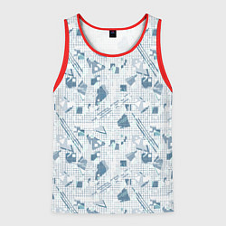 Майка-безрукавка мужская Мемфис синий с серым клетчатый геометрический узор, цвет: 3D-красный