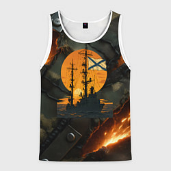 Майка-безрукавка мужская Корабль ВМФ на фоне камуфляжа, цвет: 3D-белый