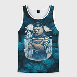 Майка-безрукавка мужская Медведь ВМФ в тельняшке, цвет: 3D-белый