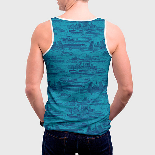 Мужская майка без рукавов Корюшка пошла по Неве на синем фоне / 3D-Белый – фото 4