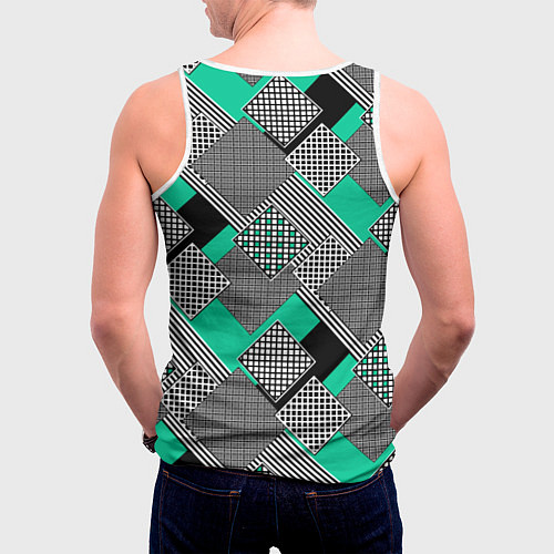 Мужская майка без рукавов Черно бирюзовая абстрактная геометрия пэчворк / 3D-Белый – фото 4