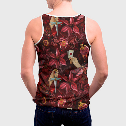 Мужская майка без рукавов Бордовая готика с сердцем, лилиями и мотыльками / 3D-Белый – фото 4