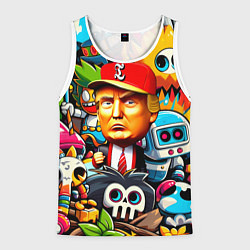 Майка-безрукавка мужская Дональд Трамп в компании мультяшных персонажей, цвет: 3D-белый