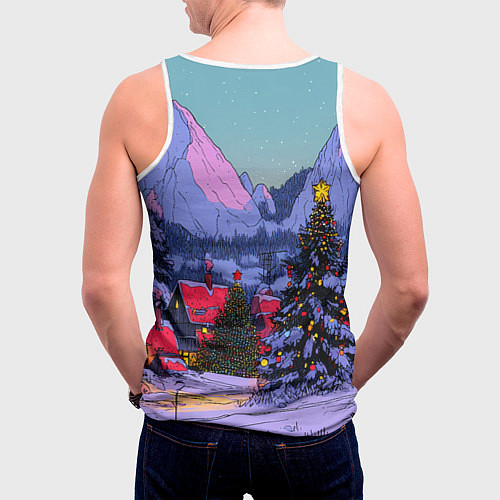 Мужская майка без рукавов Новогодние елки в горном городке / 3D-Белый – фото 4