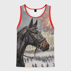 Майка-безрукавка мужская Конь на фоне салюта, цвет: 3D-красный