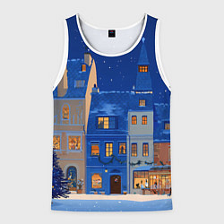 Майка-безрукавка мужская Синяя новогодняя елочка во дворе, цвет: 3D-белый