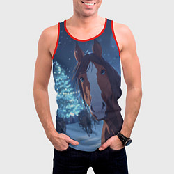 Майка-безрукавка мужская Лошадь на фоне новогодней елки, цвет: 3D-красный — фото 2