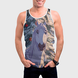 Майка-безрукавка мужская Белая лошадь на фоне елки, цвет: 3D-белый — фото 2