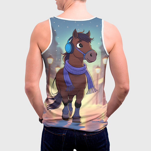 Мужская майка без рукавов Лошадка в шарфе и наушниках / 3D-Белый – фото 4